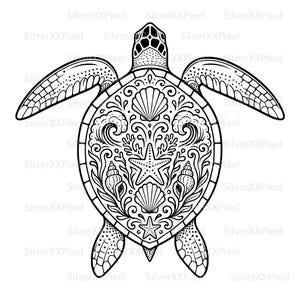 Könnte beinhalten: Schwarz-Weiß-Illustration einer Meeresschildkröte mit komplizierten Mustern. Der Panzer der Schildkröte zeigt Muscheln, Seesterne und wirbelnde Designs. Das Bild ist eine detaillierte, künstlerische Darstellung des Meereslebens.