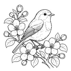 以下が含まれることがあります： 花が咲く枝にとまった小鳥の白黒線画イラスト。鳥は横向きで、細い木の枝に咲いた複数の花と、まだ開いていない蕾、そして詳細に描かれた花びらと葉に囲まれている様子が表現されています。