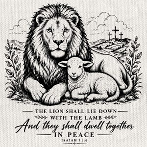 May include: A black and white line art illustration of a lion and a lamb resting together. Below the animals, the text reads: THE LION SHALL LIE DOWN WITH THE LAMB And they shall dwell together IN PEACE ISAIAH 11:6. The scene includes three crosses.