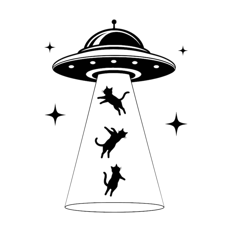 May include: A black and white graphic illustration of a flying saucer hovering in space. A wide beam of light extends downward from the craft, capturing three silhouettes of cats floating upward. Four four-pointed stars surround the UFO.