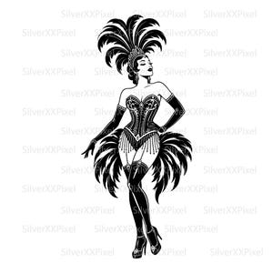 May include: Black and white illustration of a showgirl in a corset, gloves, and feathered headdress. The figure is posed with one leg forward, wearing high heels and garters. The design is detailed and elegant.
