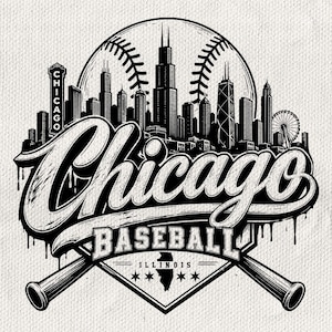 Puede incluir: Una ilustración gráfica en blanco y negro que presenta el horizonte de Chicago silueteado sobre un fondo de béisbol. La palabra Chicago está escrita en letra grande, con el texto BASEBALL ILLINOIS y cuatro estrellas debajo, cruzado por dos bates.
