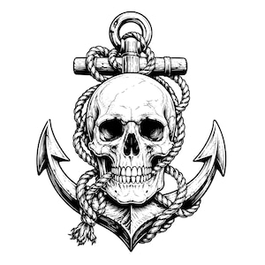 Op de afbeelding: Een zwart-witte grafische illustratie met een menselijke schedel voor een groot metalen anker. Een dik, getextureerd nautisch touw is rond het anker gewikkeld en loopt in een gedetailleerd ontwerp door de mond van de schedel.