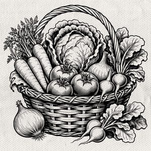 Może przedstawiać: Czarno-biała ilustracja liniowa przedstawiająca pleciony kosz wypełniony świeżymi produktami, w tym marchewkami z nacią, główką kapusty, okrągłymi pomidorami, cebulą oraz warzywami korzeniowymi z dużymi zielonymi liśćmi.