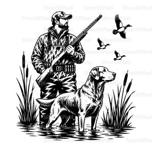May include: A black and white graphic illustration featuring a hunter in camouflage gear holding a shotgun, standing in water with a retriever dog. Cattails surround them, and three ducks are depicted in flight above the scene.
