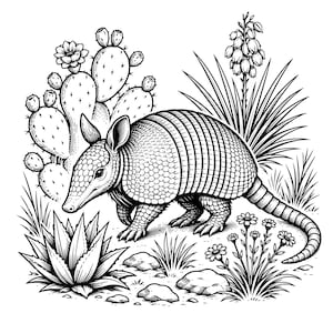 Puede incluir: Una ilustración en blanco y negro de un armadillo en un paisaje desértico. La escena presenta un nopal, una planta de agave, pequeñas flores del desierto y rocas dispersas, todo representado en un estilo gráfico y detallado.