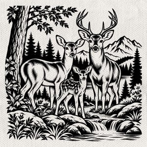 Könnte beinhalten: Eine schwarz-weiße Illustration einer Hirschfamilie, bestehend aus einem Hirsch mit großem Geweih, einer Hirschkuh und einem gefleckten Kitz, die an einem Bach stehen. Im Hintergrund sind ein großer Baum, ein Kiefernwald und Berge zu sehen.