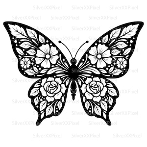 Puede incluir: Diseño de mariposa en blanco y negro con intrincados patrones florales. Las alas de la mariposa presentan flores detalladas, hojas y otros elementos decorativos. El diseño es simétrico.