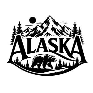 May include: A black and white graphic design featuring the word ALASKA in bold capital letters. The design includes a silhouette of a walking bear, a mountain range, a sun, and a forest of pine trees arranged in a circular composition.
