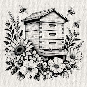 Könnte beinhalten: Eine schwarz-weiße Strichzeichnung eines dreistöckigen Bienenstocks aus Holz, umgeben von einer Vielzahl blühender Blumen, darunter eine große Sonnenblume und kleinere Blüten, mit mehreren Bienen, die um die Struktur herumfliegen.