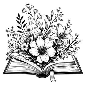 Op de afbeelding: Een zwart-wit lijntekening van een open boek waaruit een grote bos met diverse bloemen en bladeren tevoorschijn komt. De tekening bevat gedetailleerde bloemblaadjes, stengels en bladeren, met een kleine boekenlegger die uit de rug hangt.