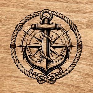 May include: A black and white graphic illustration featuring a central anchor entwined with a rope, positioned over a compass rose design. The entire composition is encircled by a thick, textured nautical rope border with a knot at the bottom.