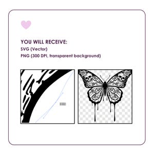May include: A digital graphic file set featuring a black and white butterfly illustration with skull and rose motifs on the wings and dripping ink effects. The text reads: YOU WILL RECEIVE: SVG (Vector) PNG (300 DPI, transparent background).