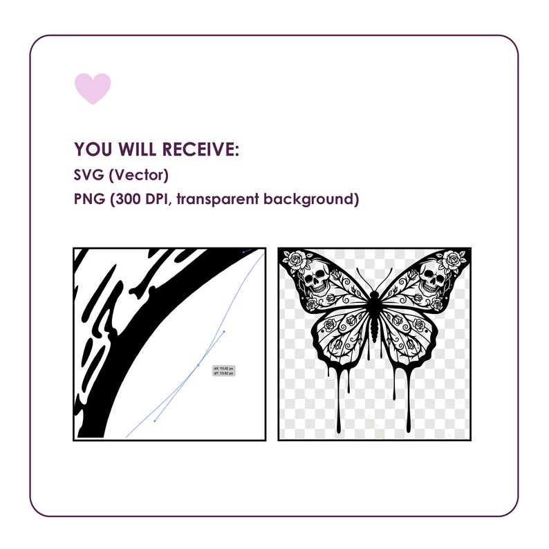 May include: A digital graphic file set featuring a black and white butterfly illustration with skull and rose motifs on the wings and dripping ink effects. The text reads: YOU WILL RECEIVE: SVG (Vector) PNG (300 DPI, transparent background).