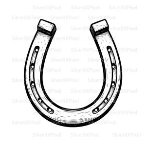 May include: A black and white illustration of a horseshoe. The horseshoe is curved with rounded edges and has several circular holes along its length. The ends of the horseshoe are rectangular. The image is set against a white background.