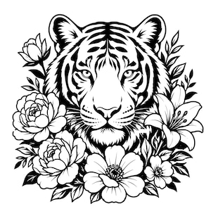 Könnte beinhalten: Eine schwarz-weiße grafische Illustration, die den Kopf eines Tigers zeigt, umgeben von einer Ansammlung verschiedener blühender Blumen und Blätter. Das Design verwendet kräftige Linien und hohe Kontraste, um die Gesichtszüge zu betonen.