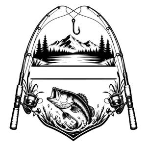 May include: A black and white graphic illustration featuring two fishing rods forming an arch over a landscape with mountains, pine trees, and a lake. A large fish jumps out of the water at the bottom, surrounded by reeds and a single fishing hook.