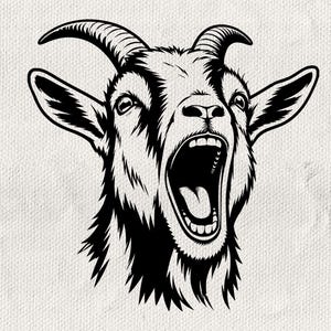 May include: A black and white graphic illustration of a goat head facing forward with its mouth wide open, showing teeth and tongue. The design features bold lines and high contrast shading to define the fur texture, horns, and facial features.