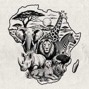 Puede incluir: Una ilustración de arte lineal en blanco y negro con la forma del continente africano, que muestra un elefante, una jirafa, un león, una cebra, un rinoceronte, un guepardo y un avestruz en una sabana con acacias y un sol.