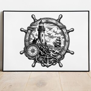 May include: Black and white nautical-themed artwork featuring a lighthouse, ship's wheel, compass, and anchor. The lighthouse stands tall on a rocky shore, with a sailing ship on the sea. The artwork is framed in a black border.