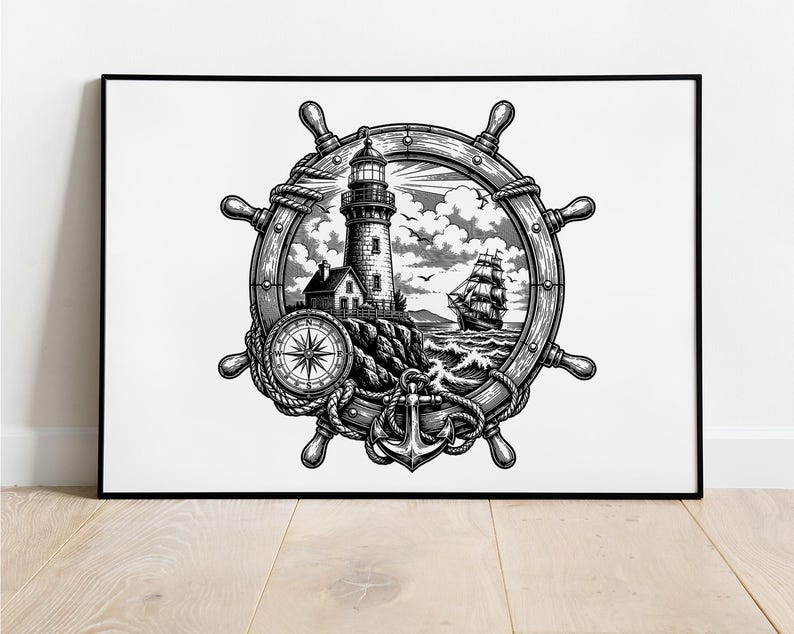May include: Black and white nautical-themed artwork featuring a lighthouse, ship's wheel, compass, and anchor. The lighthouse stands tall on a rocky shore, with a sailing ship on the sea. The artwork is framed in a black border.