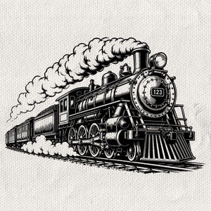 May include: A black and white illustration of a steam locomotive train with the number 123 on the front. The train is moving along tracks, emitting a large plume of smoke from its chimney and smaller clouds of steam from its wheels.