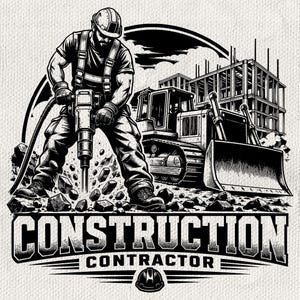 Puede incluir: Una ilustración gráfica en blanco y negro de un trabajador de la construcción con casco operando un martillo neumático. Un bulldozer y el armazón de un edificio aparecen al fondo. El texto "CONSTRUCTION CONTRACTOR" aparece en la parte inferior.