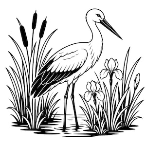 Cicogna SVG PNG, Cicogna con tife in stile line art, Iris Uccello delle zone umide Clipart, Palude File di taglio