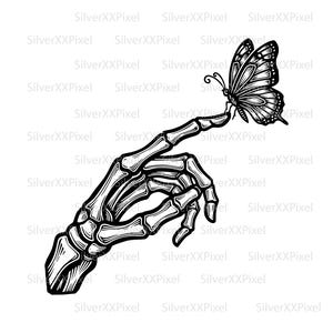May include: Black and white illustration of a skeletal hand with a butterfly perched on a finger. The butterfly has detailed wing patterns. The image is a graphic design with a gothic or Halloween theme.