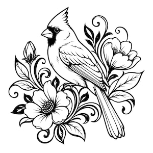 May include: A black and white line art illustration featuring a cardinal bird perched among stylised floral elements. The design includes detailed leaves, swirling vines, and two open blossoms, creating a balanced, symmetrical composition.