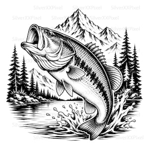 May include: A monochrome illustration depicts a largemouth bass jumping from water. The image features a detailed fish, mountains, trees, and a lake. Water droplets surround the fish, creating a dynamic scene.