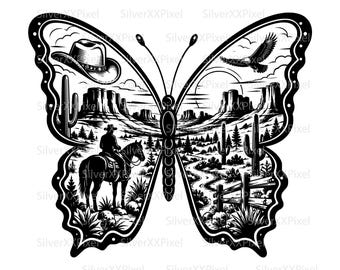 Western Butterfly SVG PNG, Cowboy Desert Landscape Butterfly for Journal Covers, Bookmarks, Decals, Cards and Ranch Decor