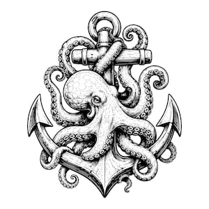 May include: A black and white ink-style illustration featuring a detailed octopus with textured tentacles wrapped around a large metal anchor. The design showcases intricate line work, shading, and suction cup details on the octopus limbs.