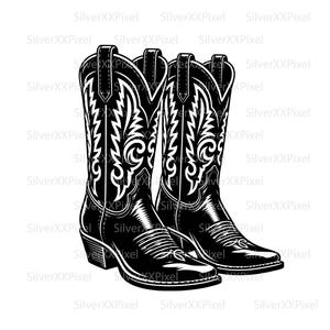 Pode incluir: Um par de botas de cowboy pretas com costuras decorativas brancas. As botas têm bicos pontudos, saltos angulados e intrincados padrões florais e de rolagem. Botas de estilo ocidental clássico.