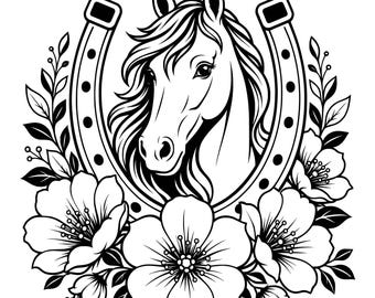 May include: A black and white graphic illustration featuring a horse head centered within a horseshoe. The design is framed by detailed floral elements, including blooming flowers and leafy branches, creating a symmetrical and balanced composition.
