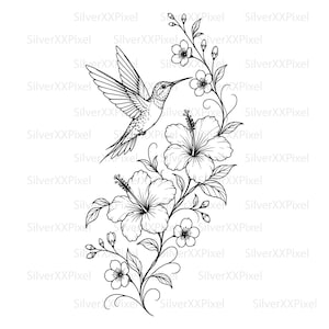 Op de afbeelding: Zwart-wit illustratie van een kolibrie in vlucht, die een cluster van hibiscusbloemen en andere bloesems nadert. Het ontwerp is gedetailleerd en botanisch, met fijne lijnen en schaduwen.