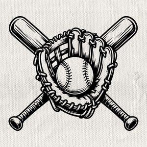Peut inclure: Une illustration graphique en noir et blanc représentant deux battes de baseball croisées placées derrière un gant de baseball. Une balle de baseball avec des coutures visibles est centrée dans la poche du gant, formant une composition sportive.
