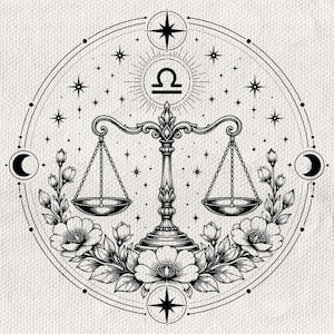 May include: A black and white line art illustration featuring a central set of scales, the Libra zodiac symbol, and floral elements. The design is enclosed in a circular frame with moon phases and star motifs, rendered in a detailed, ink-style drawing.