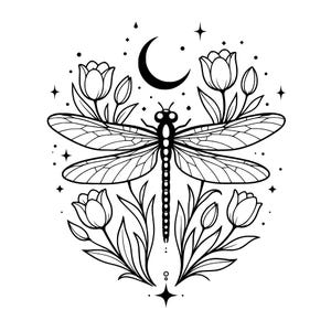 May include: A black and white line art illustration featuring a central dragonfly with detailed wings, surrounded by four tulip flowers, a crescent moon positioned above, and small scattered stars and dots throughout the composition.