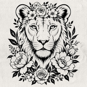 May include: A black and white line art illustration of a lion head centered within a decorative frame of various blooming flowers and leaves. The lion features detailed fur textures and a focused gaze, surrounded by roses and other floral elements.