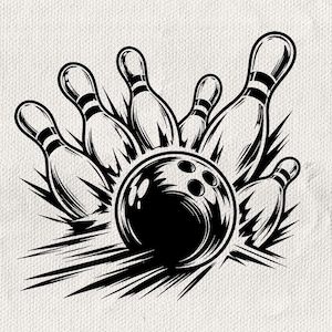 Op de afbeelding: Een zwart-witte grafische illustratie van een bowlingbal die een groep van zes kegels raakt. Het ontwerp bevat inktlijnen met een hoog contrast en toont de bal in beweging met snelheidslijnen die vanuit het impactpunt naar buiten stralen.