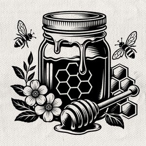 May include: A black and white graphic illustration of a glass jar filled with honey, featuring a dripping honey effect, a honeycomb pattern on the front, two flying bees, two blooming flowers with leaves, and a wooden honey dipper resting below.