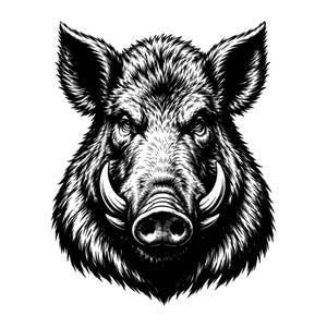 Puede incluir: Una ilustración gráfica en blanco y negro de alto contraste de una cabeza de jabalí mirando hacia adelante. El diseño presenta texturas de pelaje detalladas, orejas puntiagudas y dos colmillos curvos prominentes que salen del hocico.