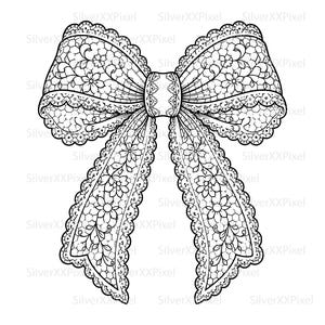 Peut inclure: Illustration en noir et blanc d'un nœud décoratif. Le nœud présente des motifs de dentelle florale complexes, y compris les boucles et les queues. Les bords sont festonnés.