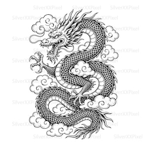 Puede incluir: Ilustración en blanco y negro de un dragón chino detallado, con escamas, garras y una expresión feroz. El dragón está rodeado de nubes estilizadas, creando una composición dinámica y mítica. La imagen está sobre un fondo blanco.