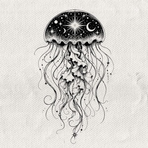Celestial Jellyfish SVG PNG, Moon and Stars Jellyfish with Flowing Tentacles, Ocean Sticker Shirt Cut File