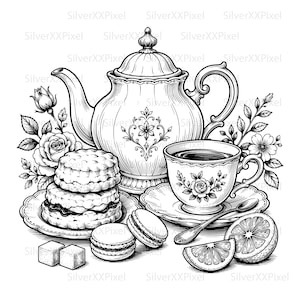 Puede incluir: Ilustración en blanco y negro de un juego de té. Incluye tetera, taza, galletas, macarons, terrones de azúcar y una rodaja de limón. Elementos florales completan el diseño.