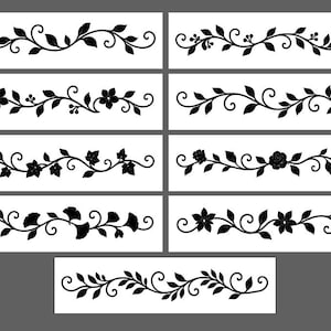 May include: A collection of nine distinct black silhouette stencil designs featuring horizontal floral and botanical motifs. Each rectangular panel displays intricate swirling vines, leaves, berries, and various flower shapes arranged in a symmetrical line.