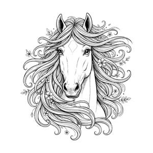 May include: A detailed black and white illustration of a horse's head. The horse has long, flowing hair adorned with small flowers and leaves. The artwork is a detailed line drawing, perfect for coloring or as a decorative piece.