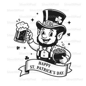 Puede incluir: Ilustración en blanco y negro de un duende sosteniendo una jarra de cerveza y una olla de oro. El duende lleva un sombrero de copa con un trébol y una pajarita. Una pancarta debajo dice "Happy St. Patrick's Day."